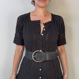 Y2K DKNY black wide pebbled leather brass buckle womens belt